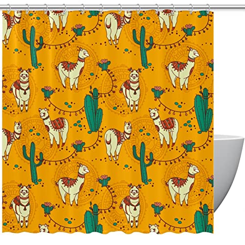 Rideau de douche tissu imperméable grand format lama cactus jaune