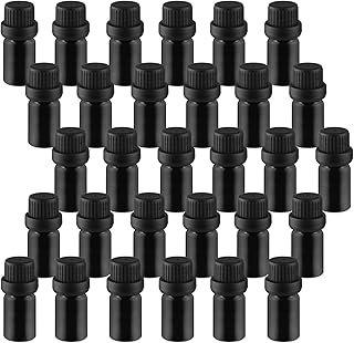 Mirrline 30 botellas de aceite esencial de 5 ml, rellenables, color negro, frascos pequeños de vidrio con tapas reductoras, 2 cuentagotas y 1 embudo