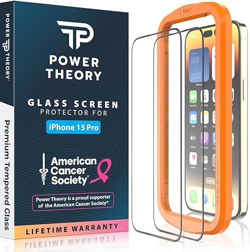 Power Theory Protector de pantalla de vidrio templado compatible con iPhone 15 Pro, Benefits American Cancer Society, dureza 9H, kit de fácil