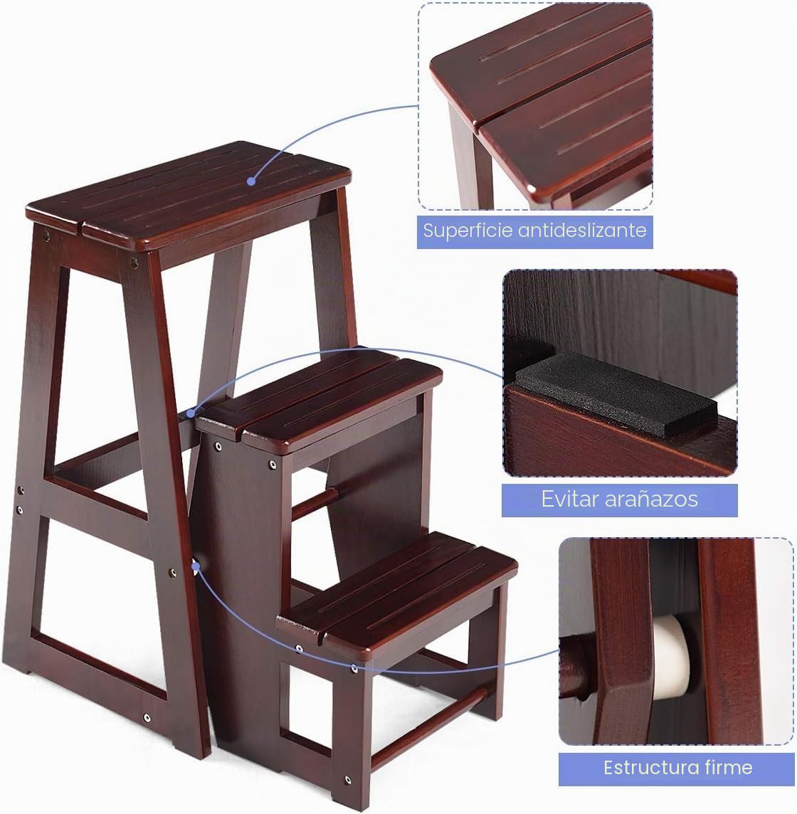 GOPLUS Escalera Taburete Plegable de Madera de Pino de 3 peldaños