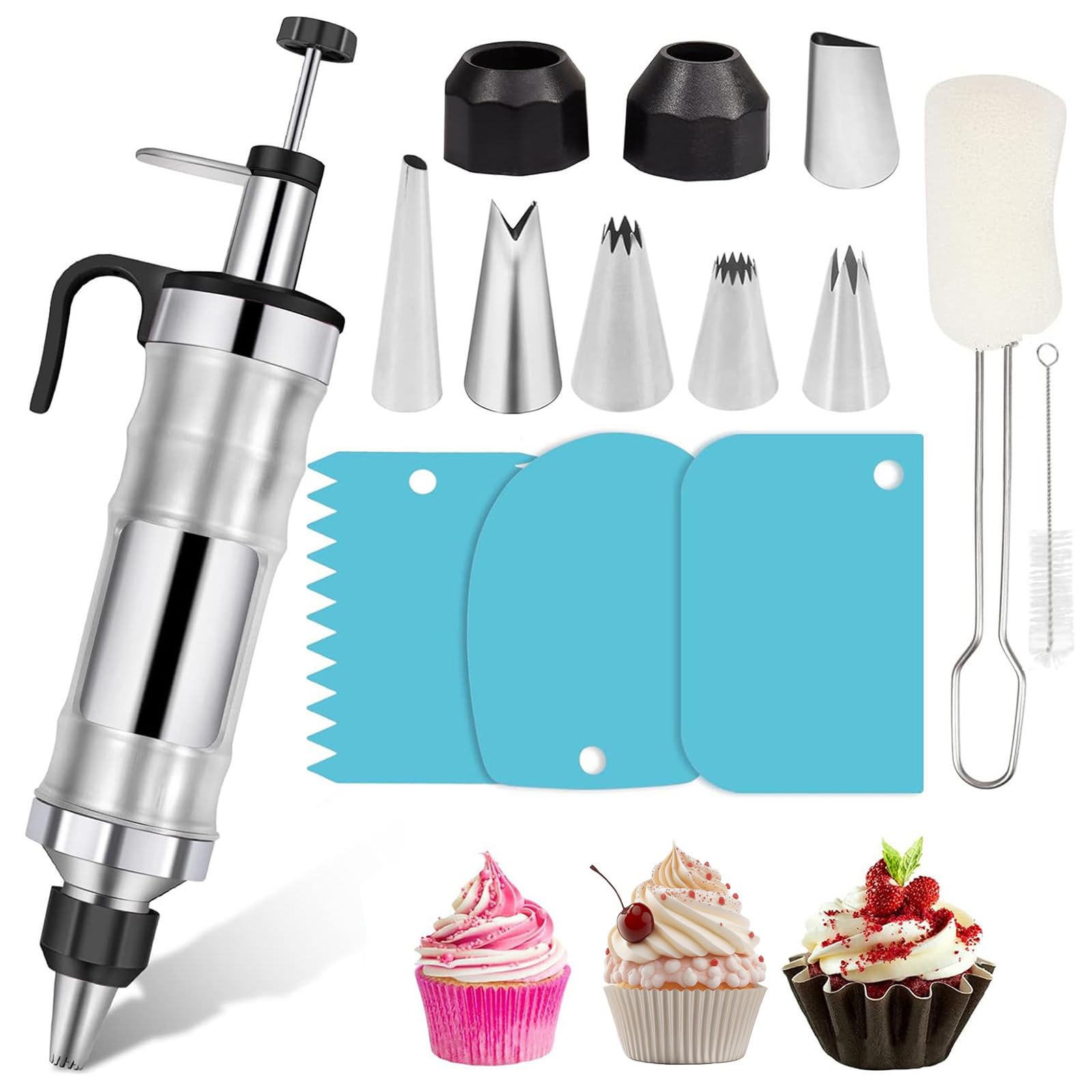 Icing Piping Kit Nozzles Set, Stainless Steel Reusable Icing Piping Syringe with 6 Nozzles and 3 Scrapers for DIY Baking Cupcake Dessert Cake Decorating Tools Accessories (Black)