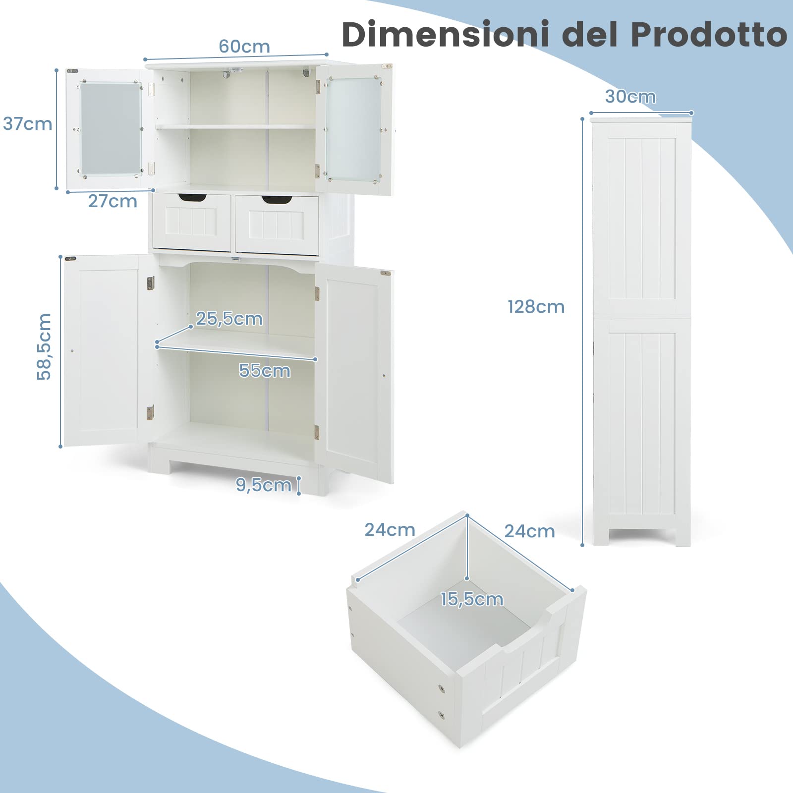 COSTWAY Armadio da Terra con 4 Ante, Mobile da Bagno con 2 Ante in Vetro 2 Cassetti e Ripiani Regolabili, Armadio Multifunzionale per Bagno e Soggiorno (Bianco, 60x30x128cm)