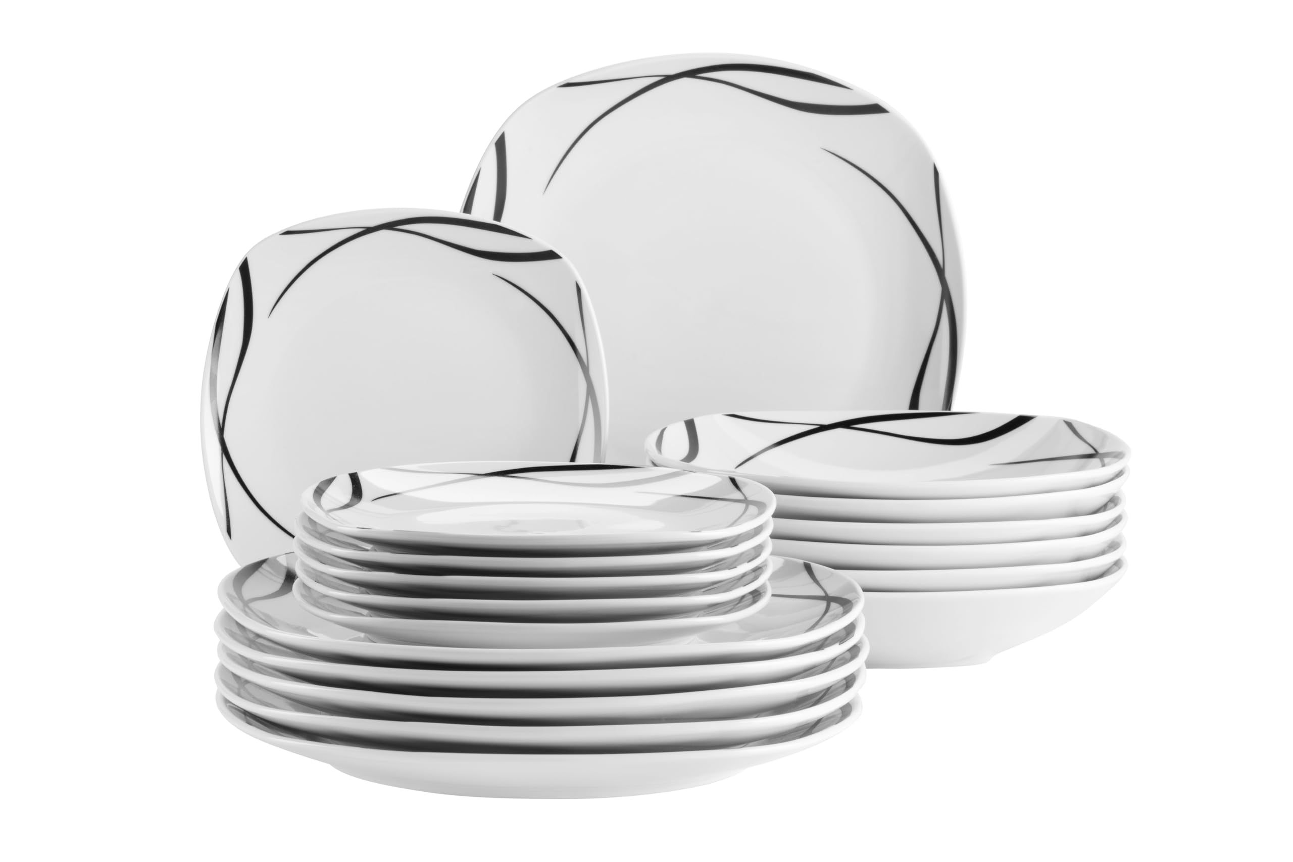 MÄSER Serie Decora, set di piatti per 6 persone, stoviglie da 18 pezzi, forma quadrata, elegante, senza tempo, porcellana