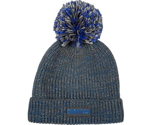 Preston Unisex Grey/Blue Innovations Marled Bobble Hat | Match Fishing Winter Hat | Thick And Cosy Bobble Hat Combines Warmth With A Touch Of Style | Fleece Insulation | Elasticated Rim For Secure Fit | Code P0200676