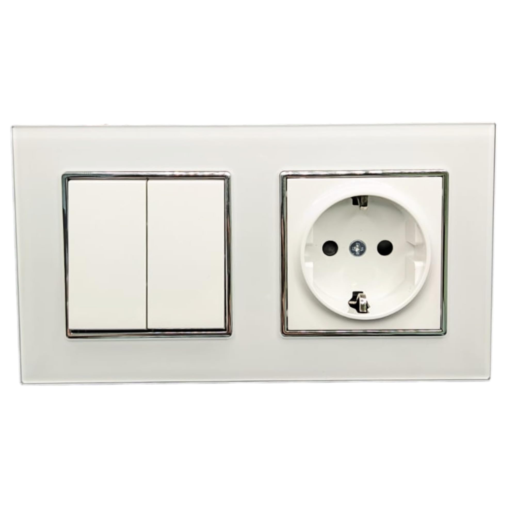 Jandei - Enchufe Schuko 2P+​T 16A y Doble Interruptor Conmutador, 230V, Decoración Elegante Pared Interior, Fácil de Instalar, Incluye Marco y Mecanismo, Cristal Templado Color Blanco