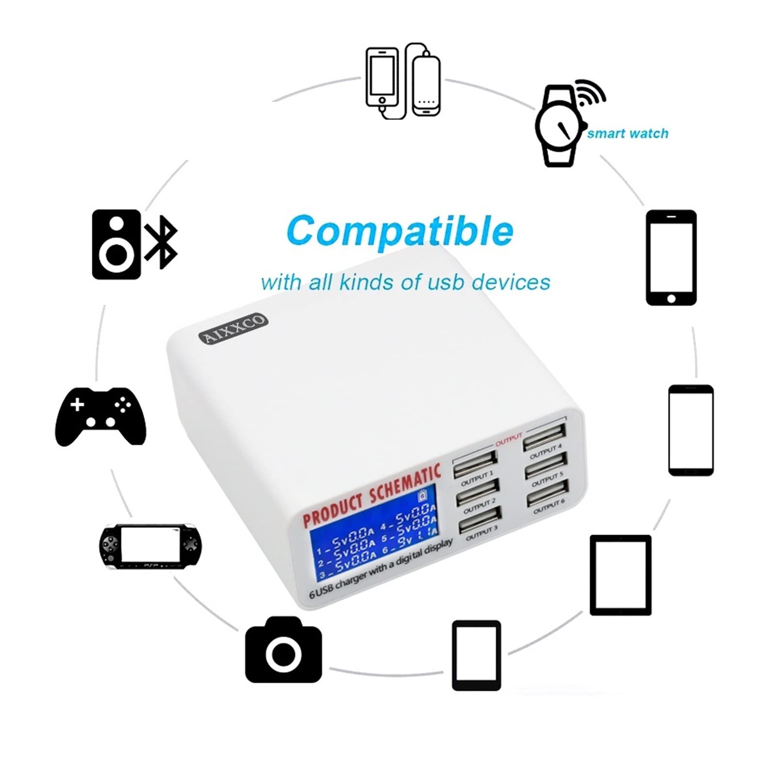 Stacja ładowania, Ładowarka USB, 6A z cyfrowym wyświetlaczem LCD 6-portowa szybka inteligentna stacja ładująca do tabletów telefonicznych smartfonów, użytku w biurze domowym(899)