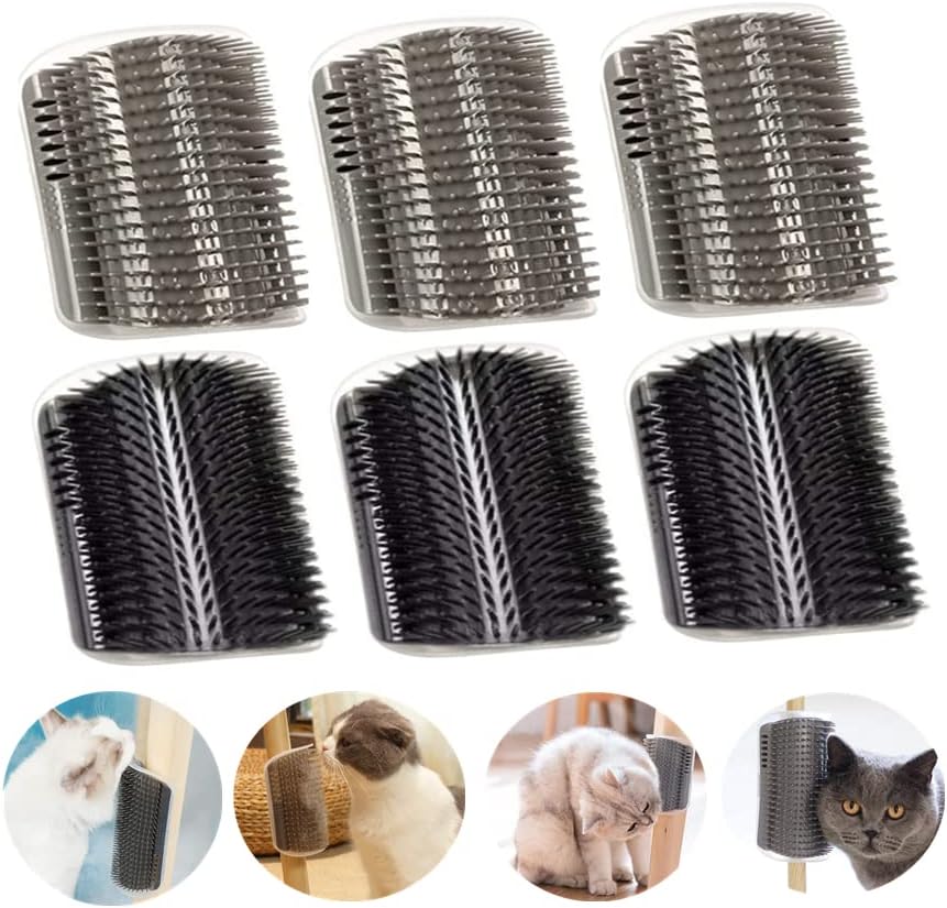 6 Pack Cat Self Groomer with Catnip Pouch Wall Corner Groomers Cat Face Scratcher Pet Grooming Brush Massage Combs for Cats Fur Pets Dog Kitten Puppy(Black & Gray)