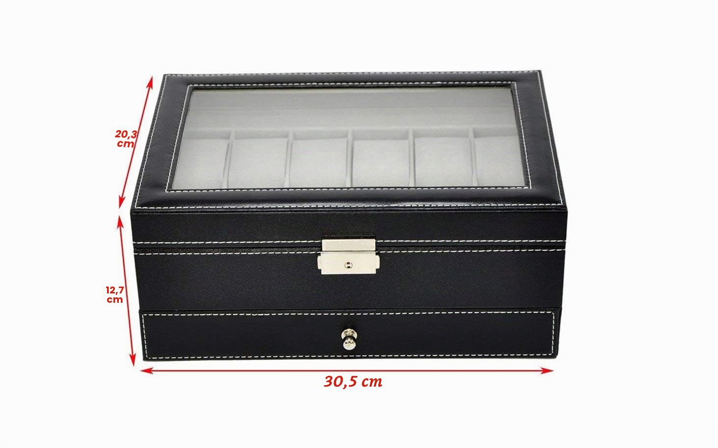 AUTOARK Caja para de relojes con 12 Compartimientos,Cajón joyería con cerradura,Cuero sintético,Tapa de Vidrio,Negro,AW-001