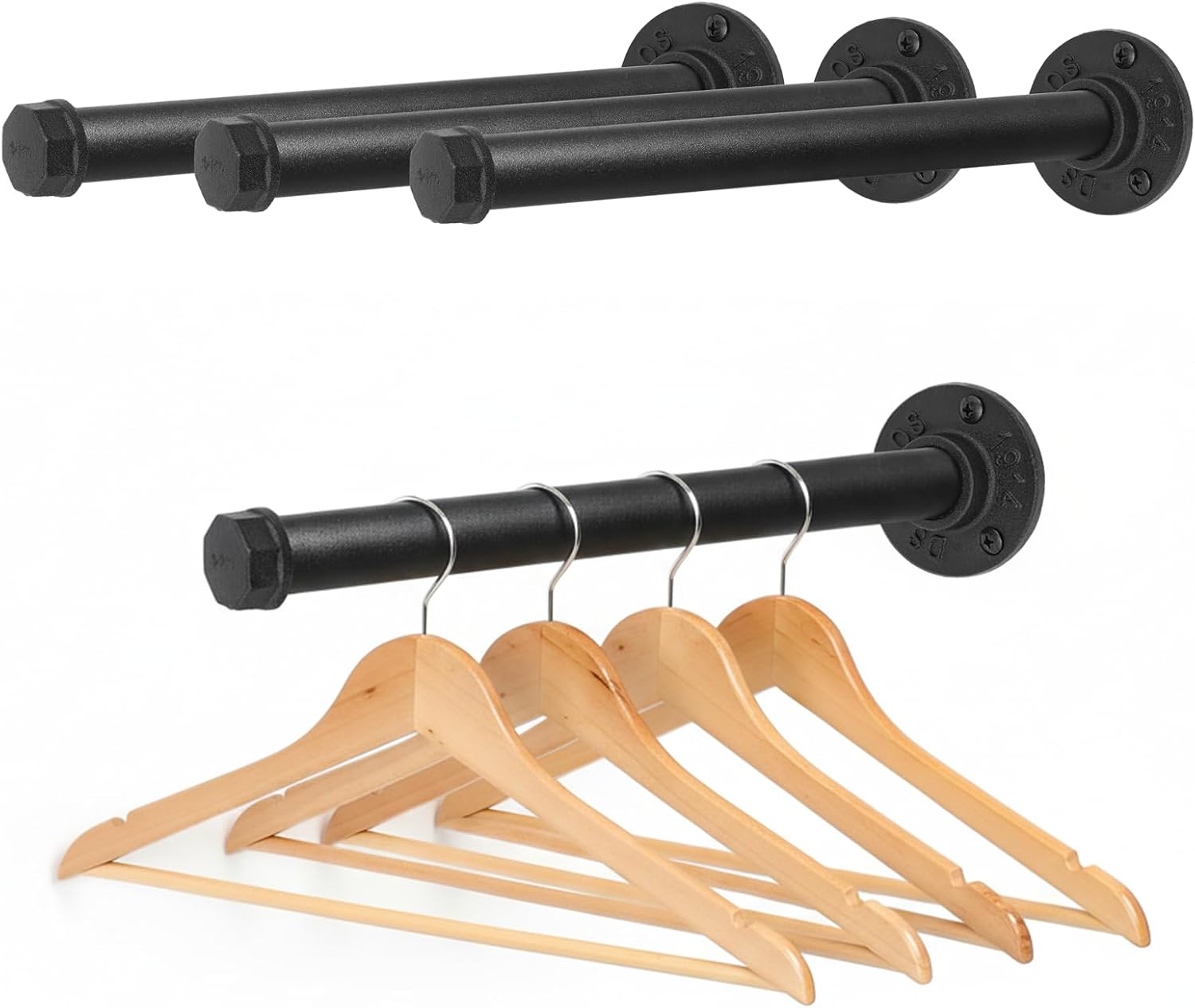 Wall Mounted Clothes Rack, Industrial Pipe Clothing Rack for Hanging Clothes, Heavy Duty Cast Iron Garment Racks for Wardrobe Organizers, DIY Closet Rods Closet Bar (Black 4 Pack, 12 Inch)