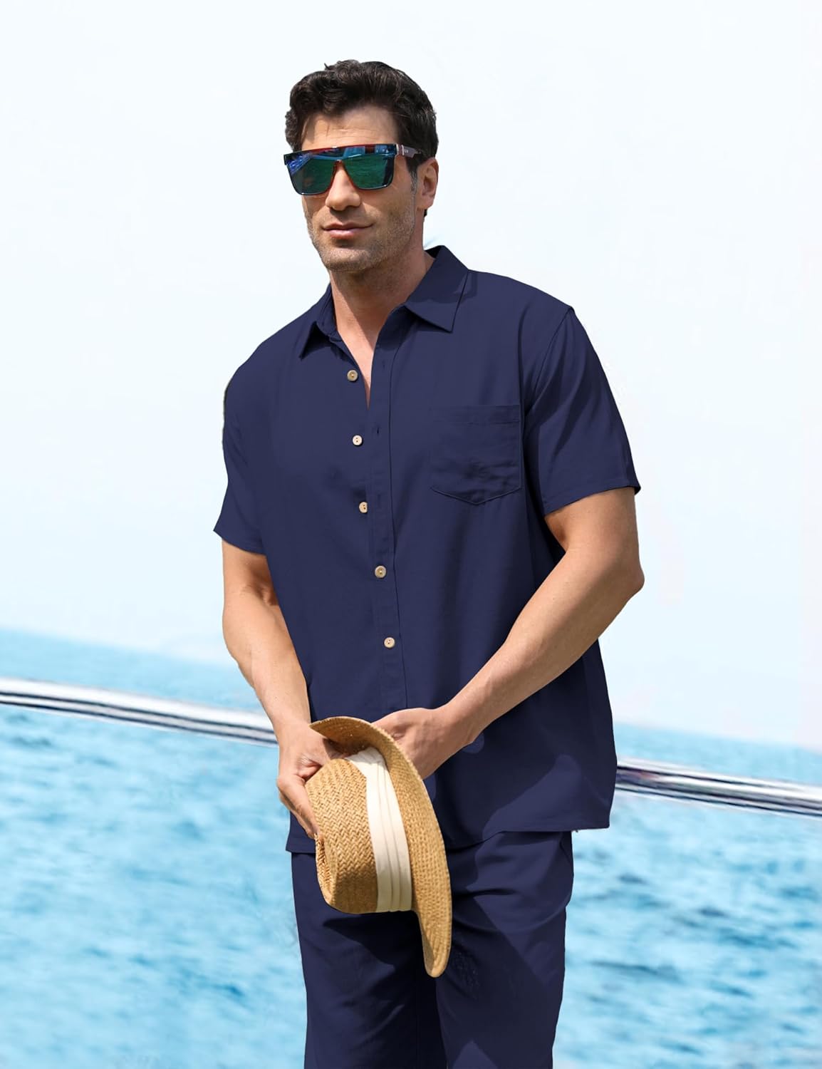 URRU Men’s 2 Piece Linen Outfit Summer Beach Short Sleeve Button Down Shirt and Pants Set - Image 3