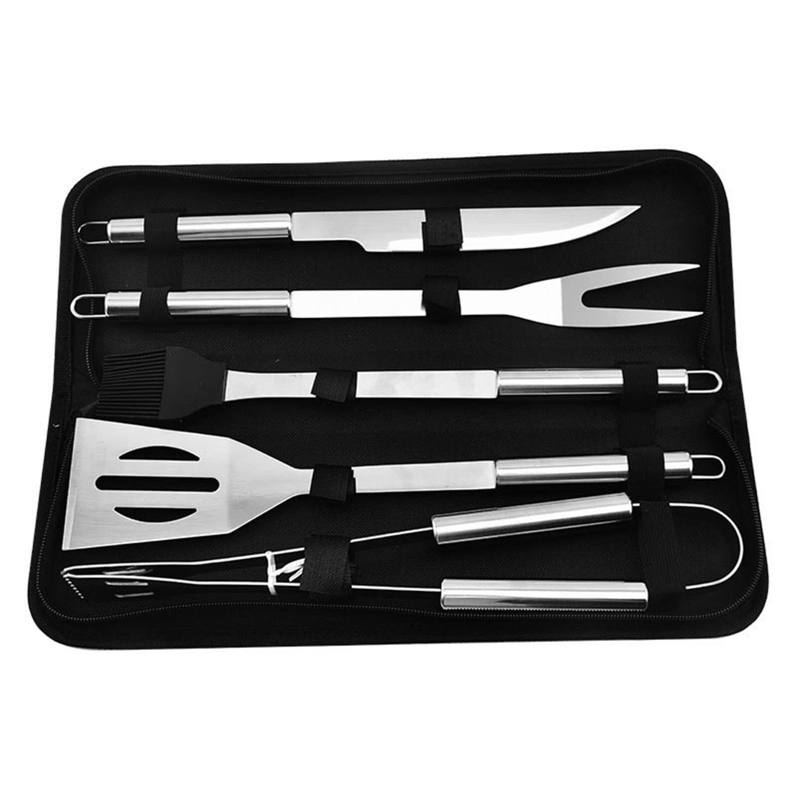 5-teiliges Grillbesteck-Set, Grillset aus Edelstahl mit Spatel, Gabel, Messer, Zange und Bürste für das Grillen im Freien