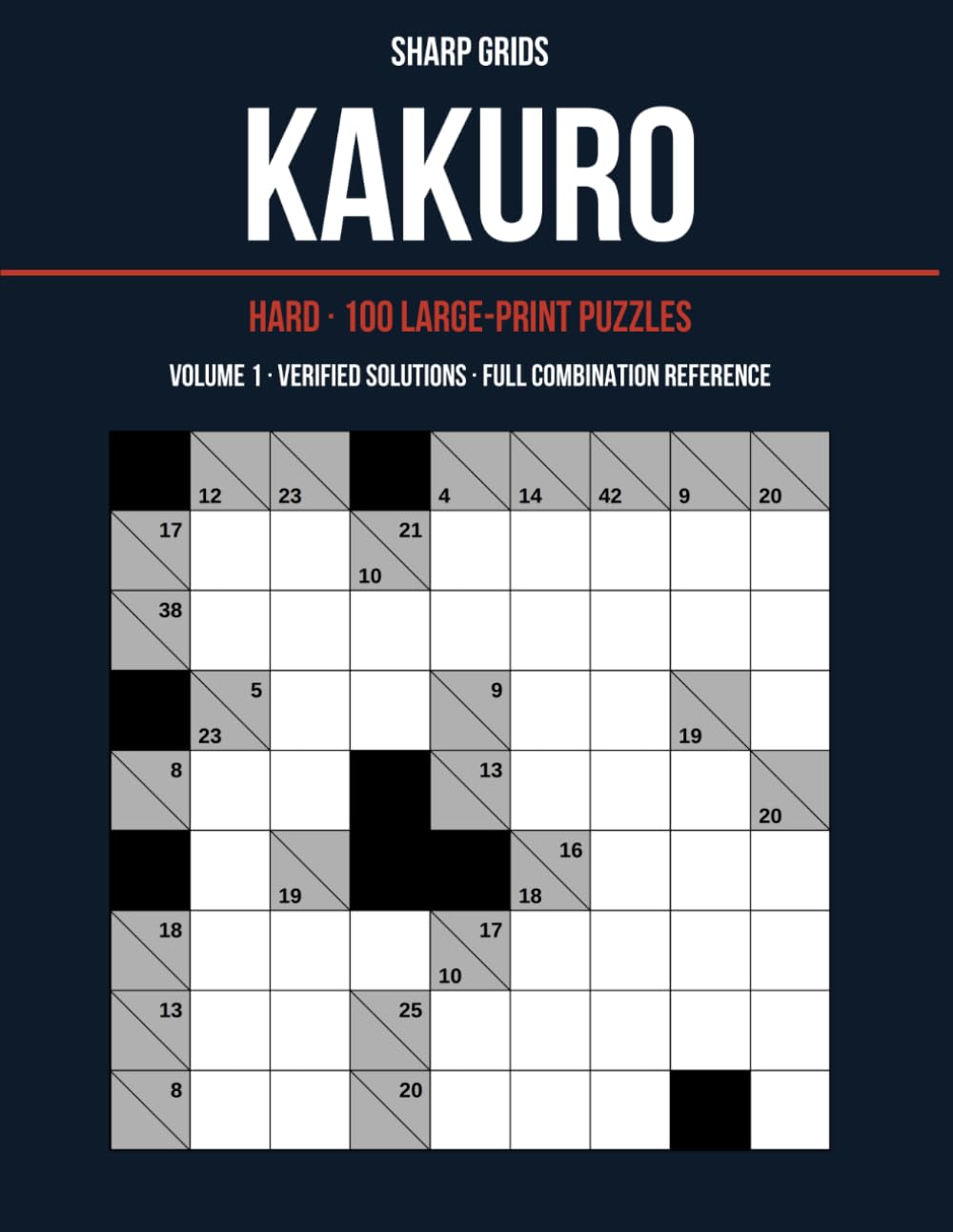 Kakuro: Hard · 100 Large-Print Puzzles · Volume 1 · Verified Solutions · Full Combination Reference (Sharp Grids)