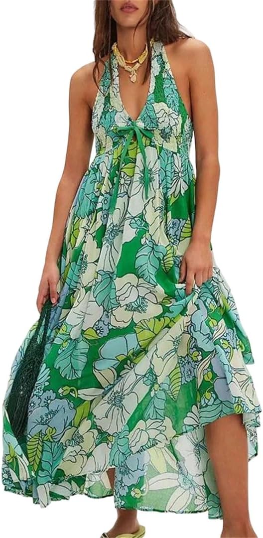 Women Floral Print Off Shoulder High Waist Pleated Backless Swing Beach Dress