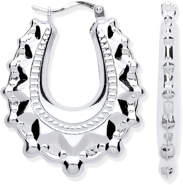 Sterling Silver Victorian Style Gypsy Oval Creole Hoop Earrings