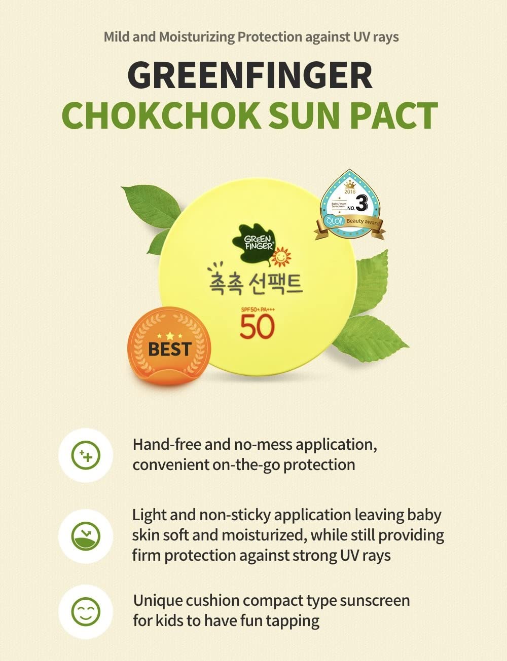 Green Finger Kids Sunscreen Facial Cushion Pact, Aloe,Baobao, Moringa, Children Sun Protection SPF50+(Product+Refill) 16g