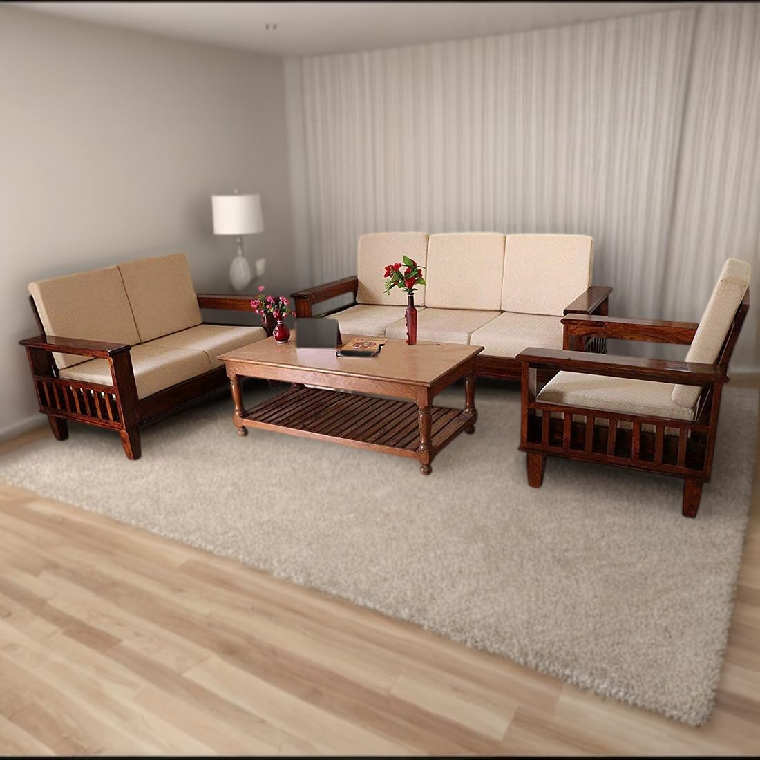 Furniture Solid Sheesham Wood 6 Seater Sofa Set | Wooden Sofa Set 3+2+1 with Cushions- Natural Brown Finish-image-29