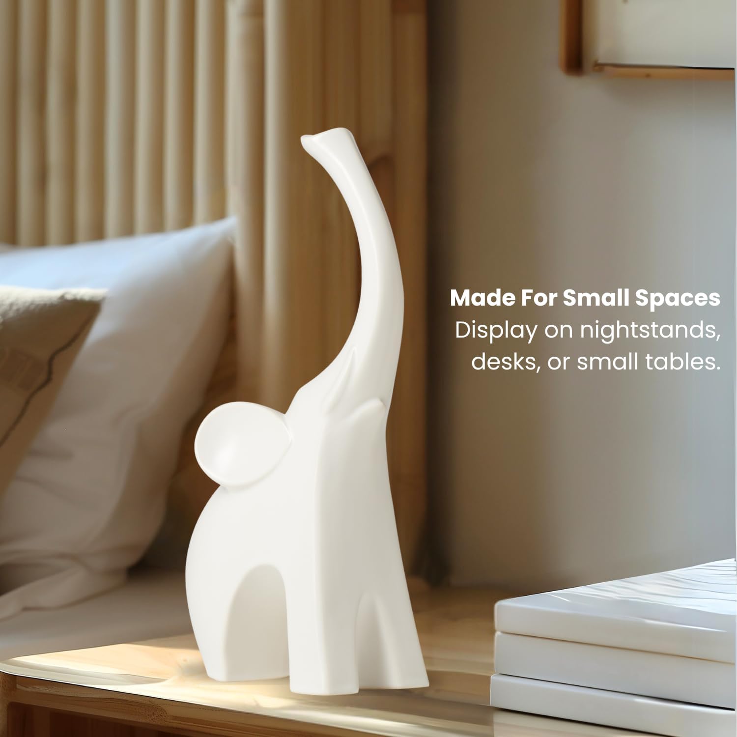 Torre & Tagus Matte White Elephant Figurine - 10-Inch Tall Ceramic Modern Elephants Decor & Minimalist Elephant Home Decor for Living Room Table, Sculpture & Trunk Up Animal Statue