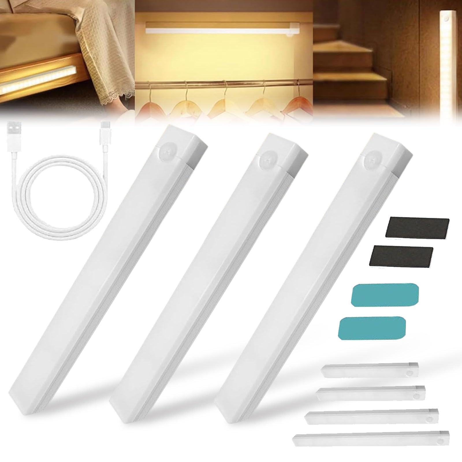 3 Pack Punch-Free Smart Sensor Magnetic Rechargeable Led Lights, Under Cabinet Kitchen Lights, Motion Sensor Light Indoor, USB-C, for Indoor Closet, Hallway, Kitchen (Warm Light, 20CM/8IN)
