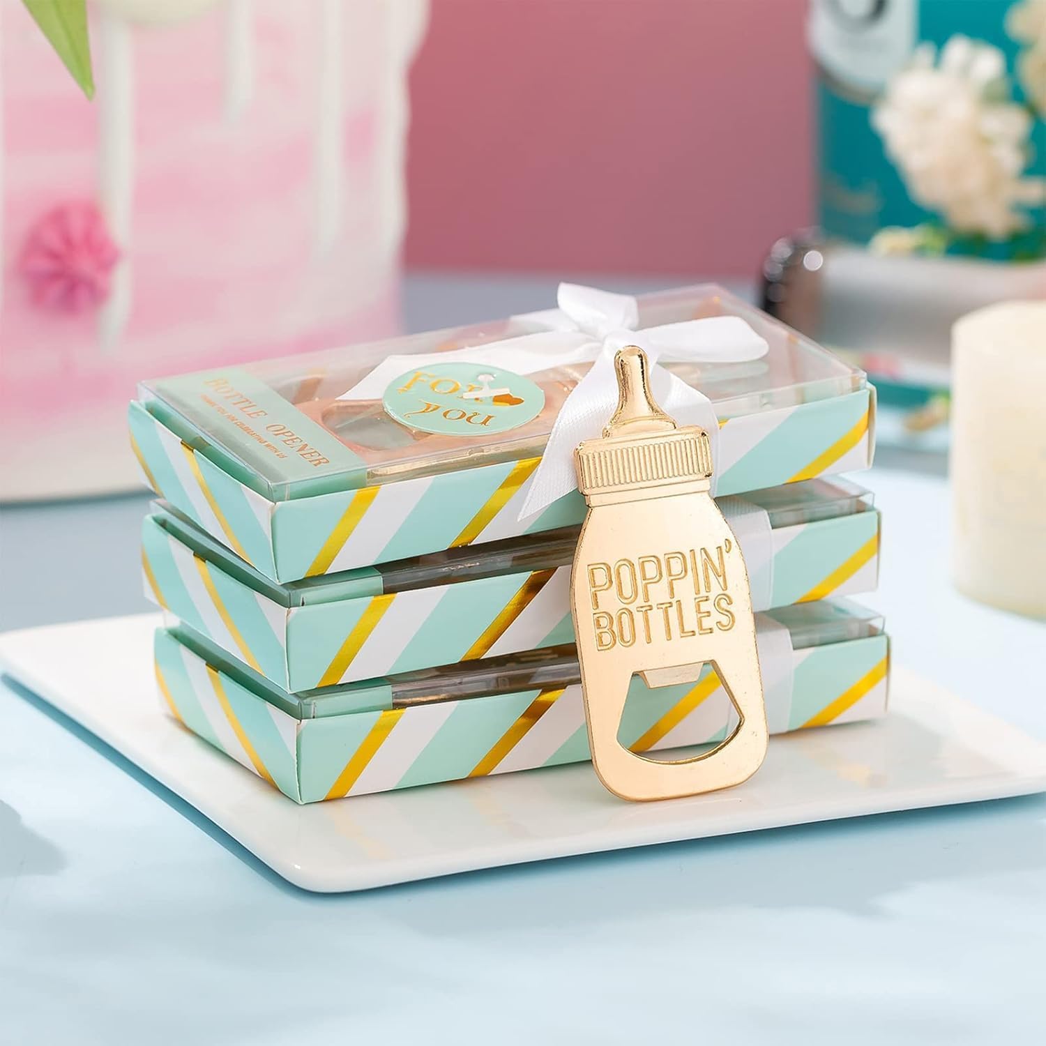 Pack of 24 Bottle Openers Baby Shower Favors, Gifts, Decorations, or Souvenir for Guest With Gift Boxes, Poppin Bottle Design for Baby Boys or Girls (Green)