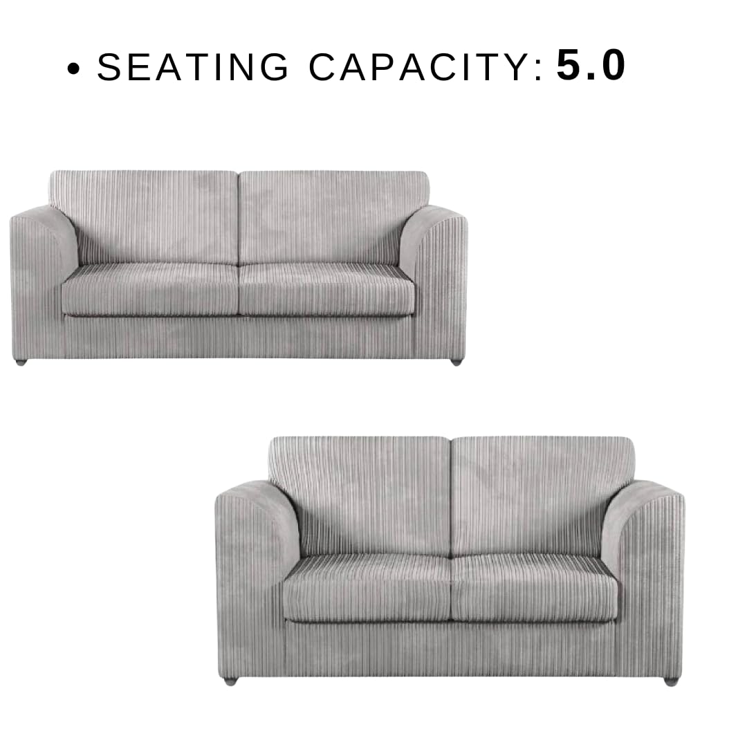 Sofa Select, Set di divani jumbo di alta qualità a coste 3+2 posti, con cuscini, schienale alto e braccioli comodi, design moderno ed elegante, per soggiorno, ufficio, camera da letto, colore argento