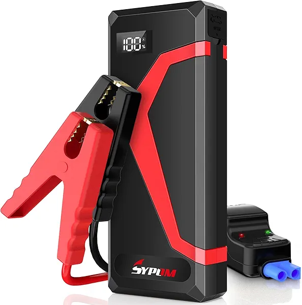 SYPOM Portable Car Jump Starter, 4150A Peak Portable Car Battery Charger, 12V Battery Jump Box for Motorcycle, Truck Up to 12L Diesel, Dual USB Power Bank, LED Light for Roadside Emergency Kit (Red)
