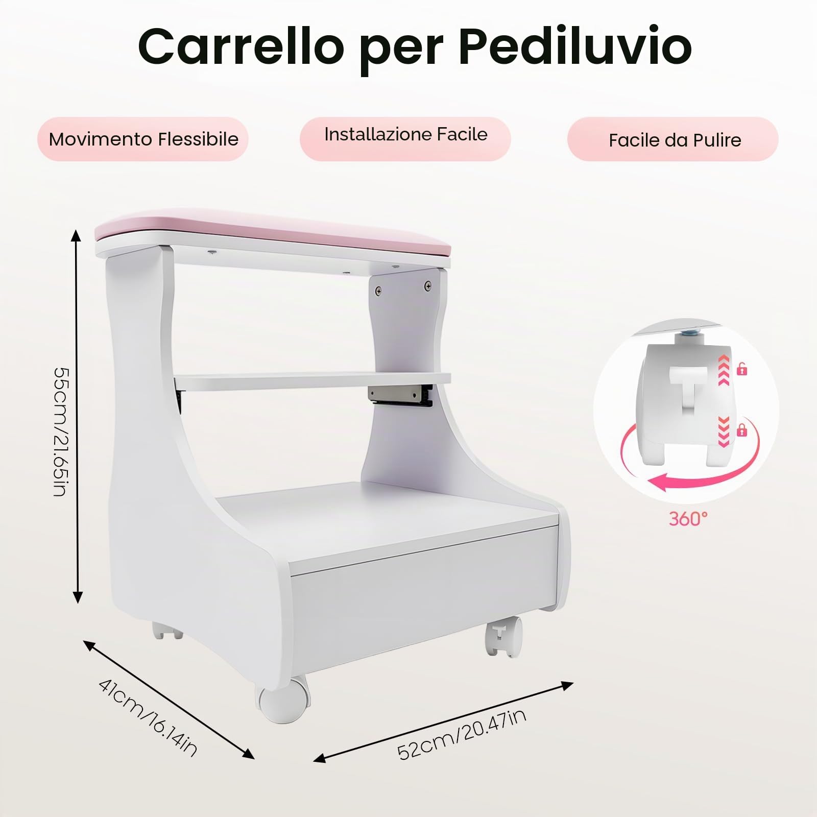 Carrello per pedicure, mobile a rotelle per manicure e cura, sgabello a quattro ruote con vassoio e stoccaggio, con poggiapiedi, ideale per salone di bellezza, spa e uso domestico