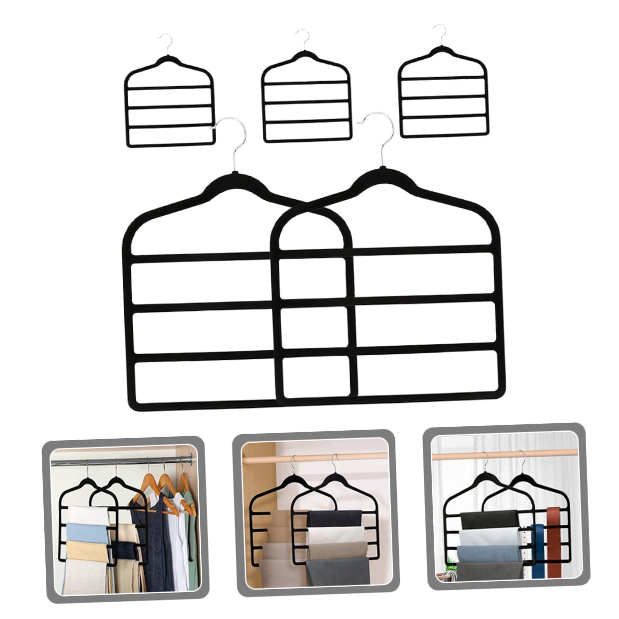 Perchas para Pantalones Multicapa Antideslizantes Negras, 4 Compartimentos, Perchas de Ropa de Terciopelo, Ahorro de Espacio para Armario y Dormitorio, Set de 5 Unidades