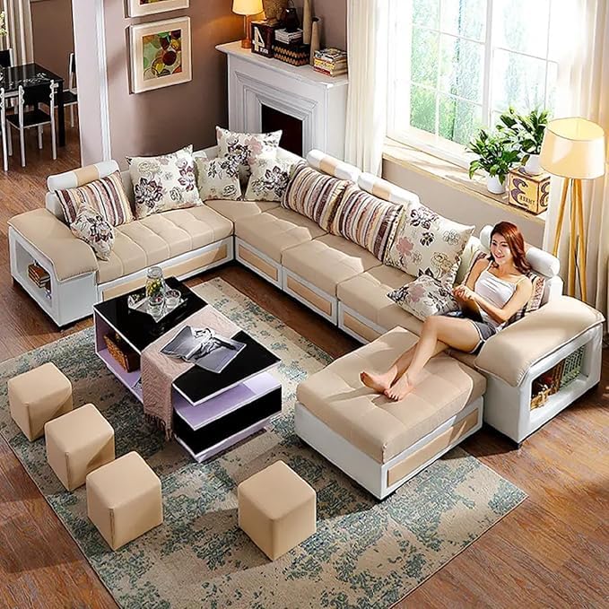 Poppins HOME Modern 6 Seater U Shaped Velvet Sectional Sofa for Classic Living Rooms Luxury Design Modular Fabric Set (Cream White)