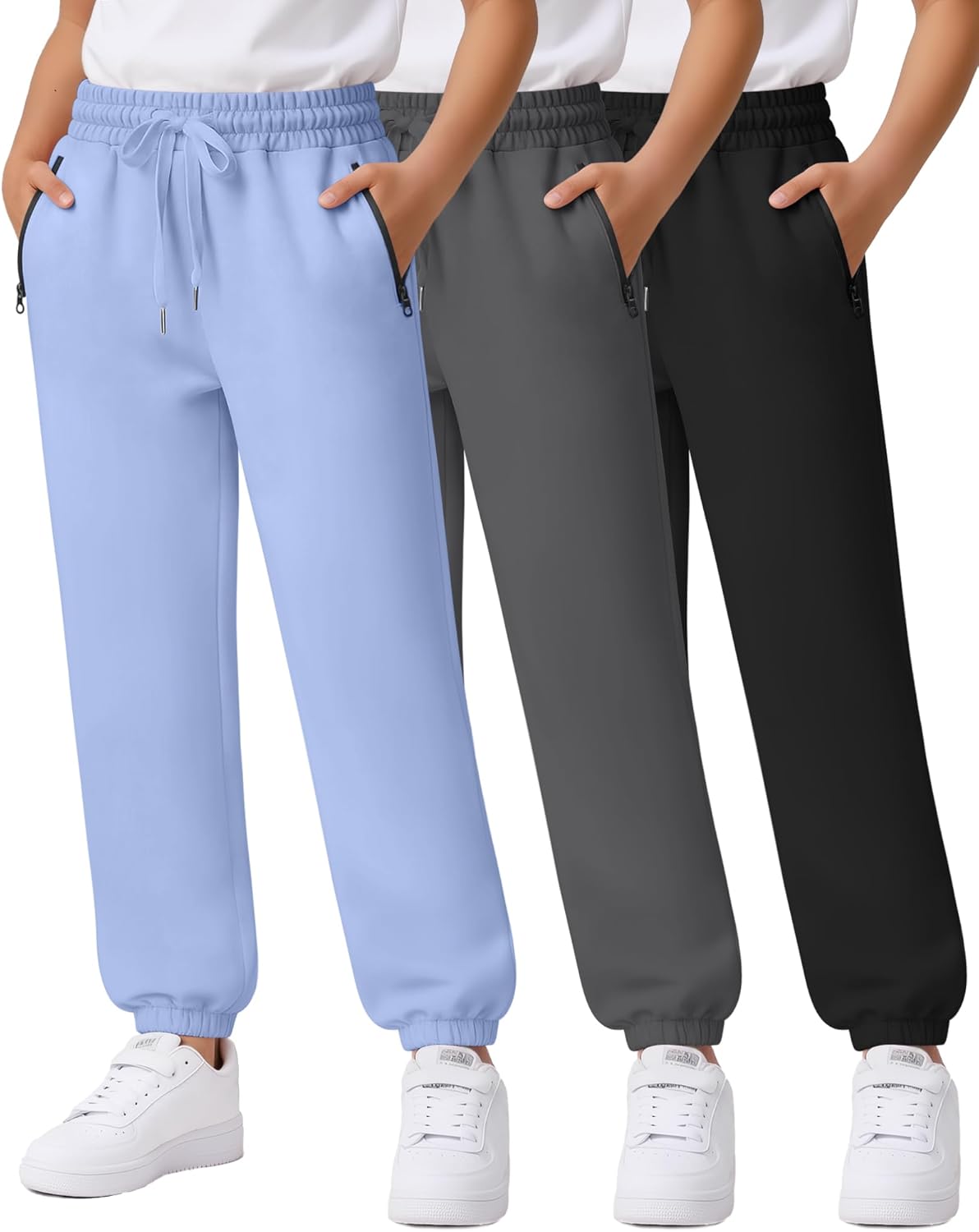 3 Pack Girls Sweatpants Kids Joggers Teen Girls Active Pants with Drawstring Pocket for 5-14 Y