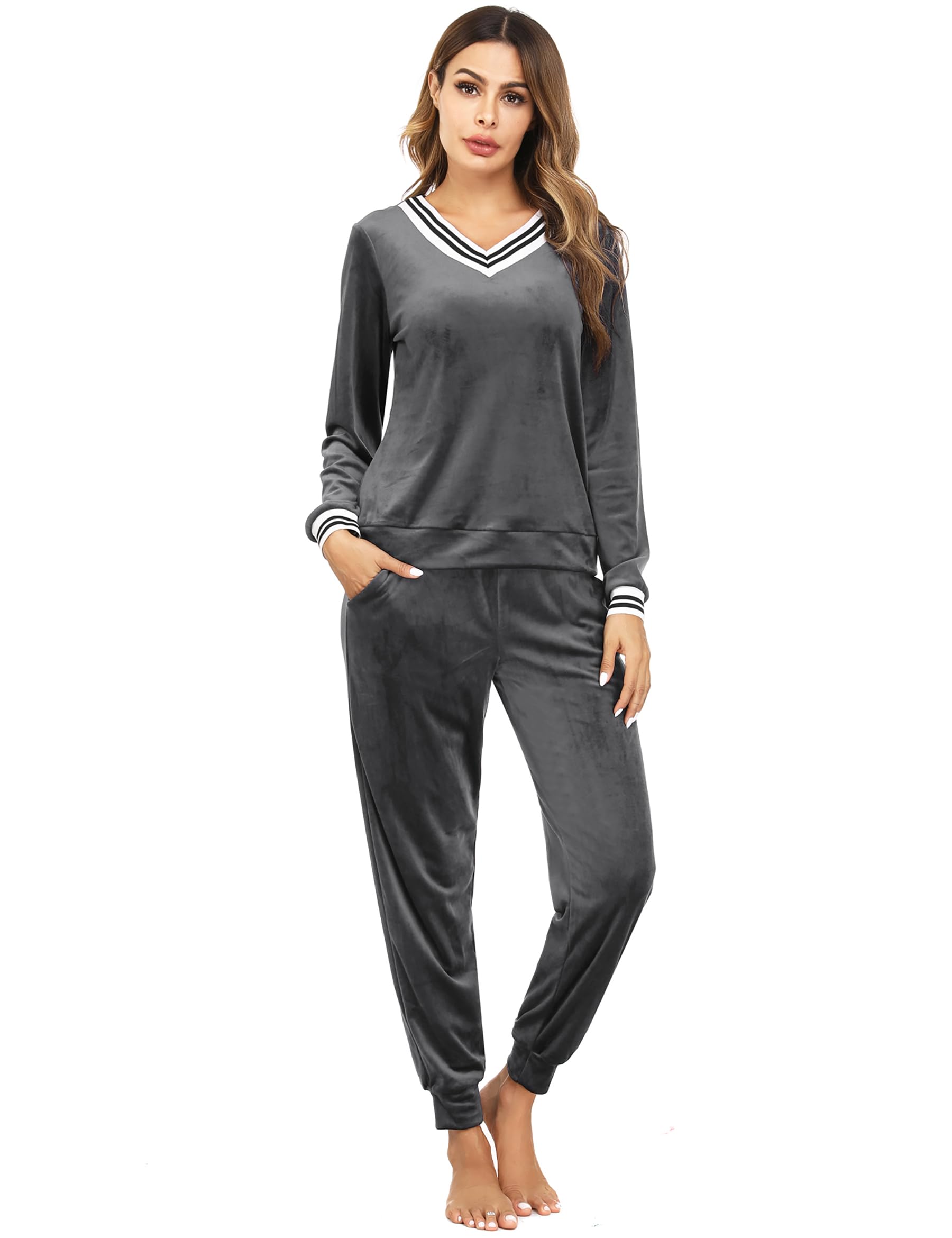 Irevial Womens Striped V Neck Velour Tracksuit Two Piece Sweatsuits Sets with Pocket