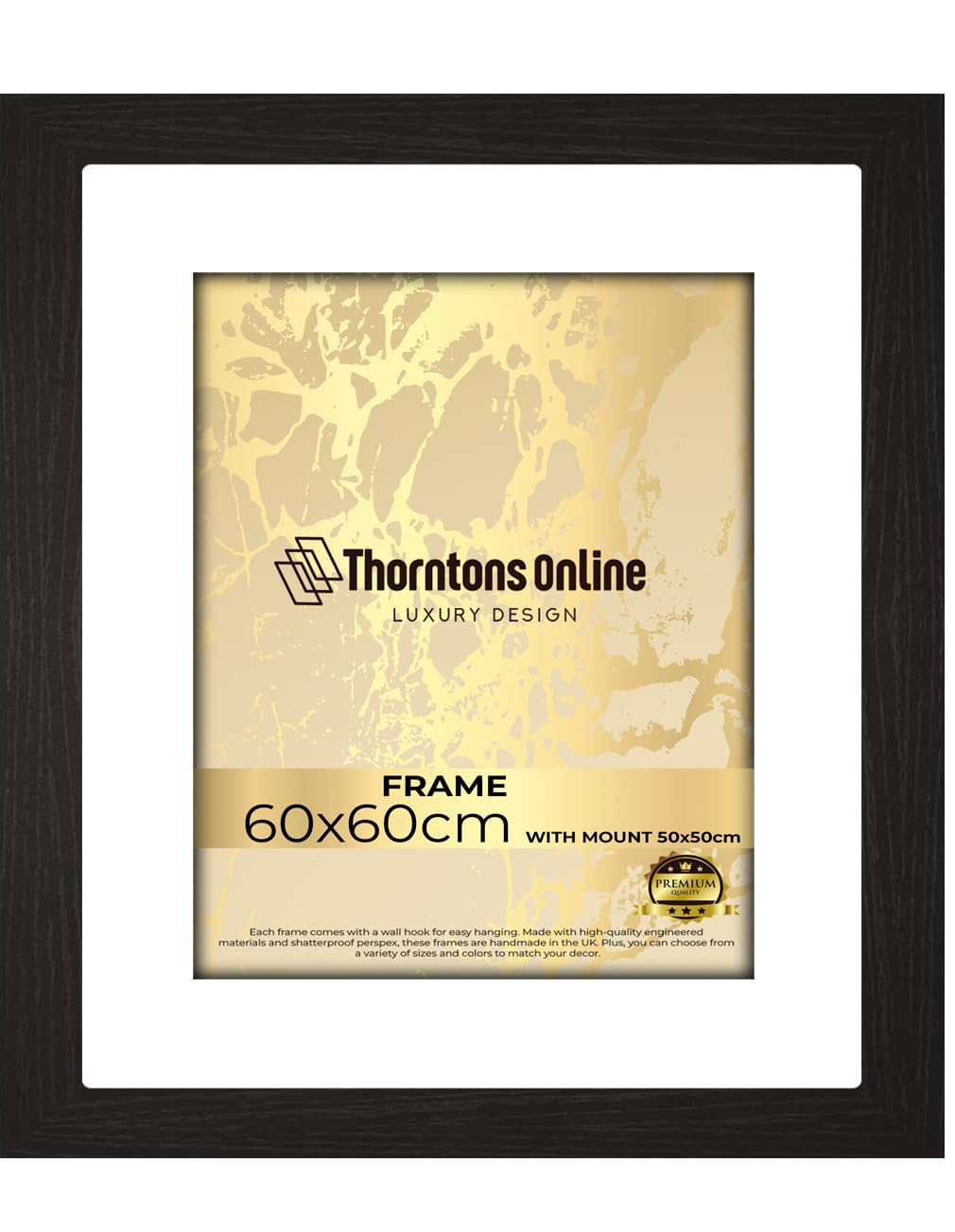 Thorntons Poster Frame 60 x 60cm -Fit white Mount (50x50cm) -Clear HD Perspex & MDF Wood-Portrait & Landscape Display-artwork/Gift/Prints/Certificates -[Black Frame]