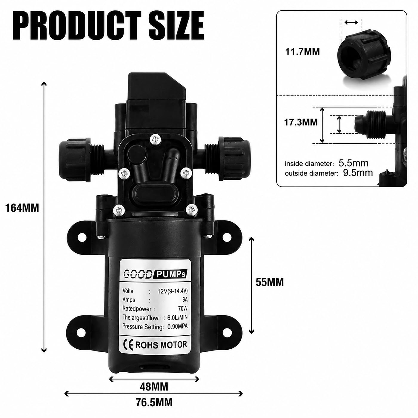 Pompe À Membrane 12V, Pompes À Eau Membrane Haute Pression DC12V 70W Pompe Pulvérisatrice Électrique Auto-Amorçante 6L/Min 0.9Mpa 131Psi, pour Caravane Camping-Car Marin Jardin de Bateaux