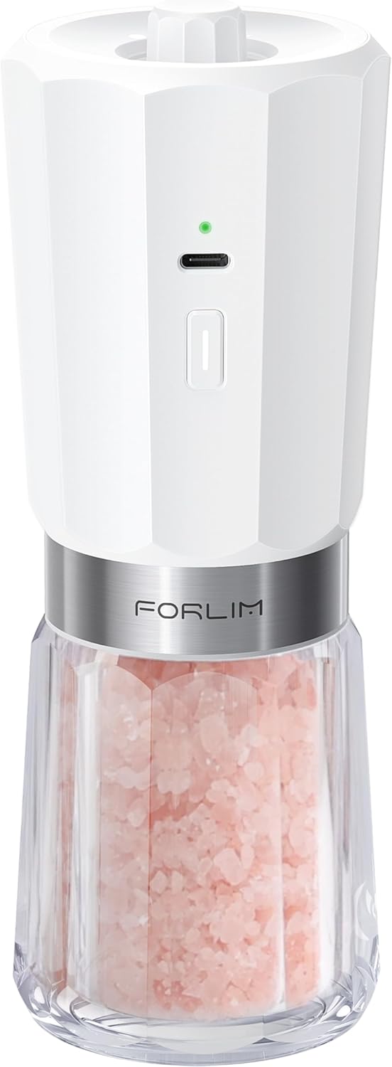 FORLIM 2-Speed Gravity Electric Salt Grinder or Pepper Grinder, 800mAh Rechargeable, Upgraded Auto-Reverse Clean After Stop, Pepper Shakes with White LED, Ceramic Grinding Core, White, 1 pack