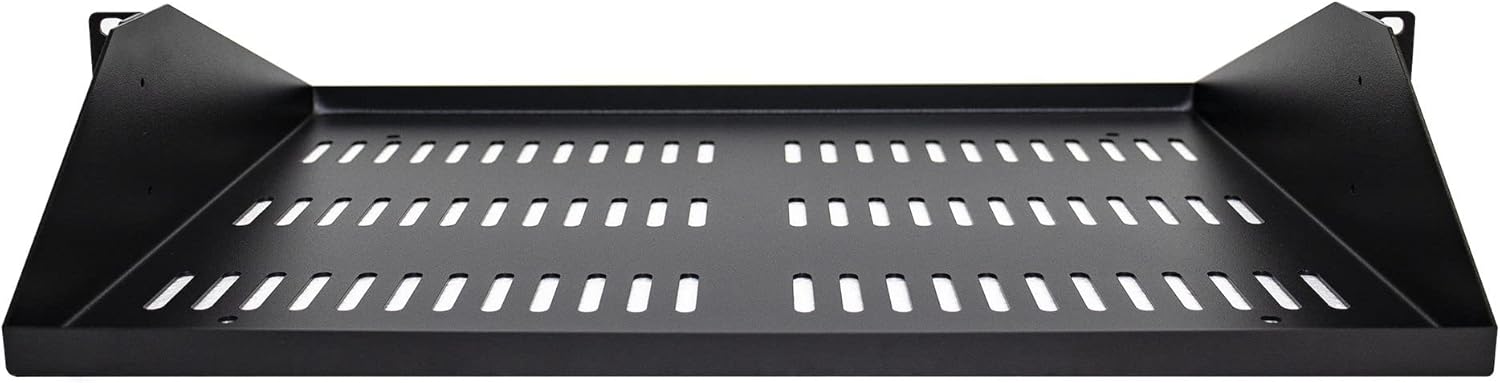 StarTech.com 2U Server Rack Shelf, Center Mounted Universal Vented Rackmount Cantilever Tray for 19" Network Equipment Rack, Heavy Duty Steel, 200lb Capacity, 14" Deep, Black (SHELF-2U-14-CENTER-V)