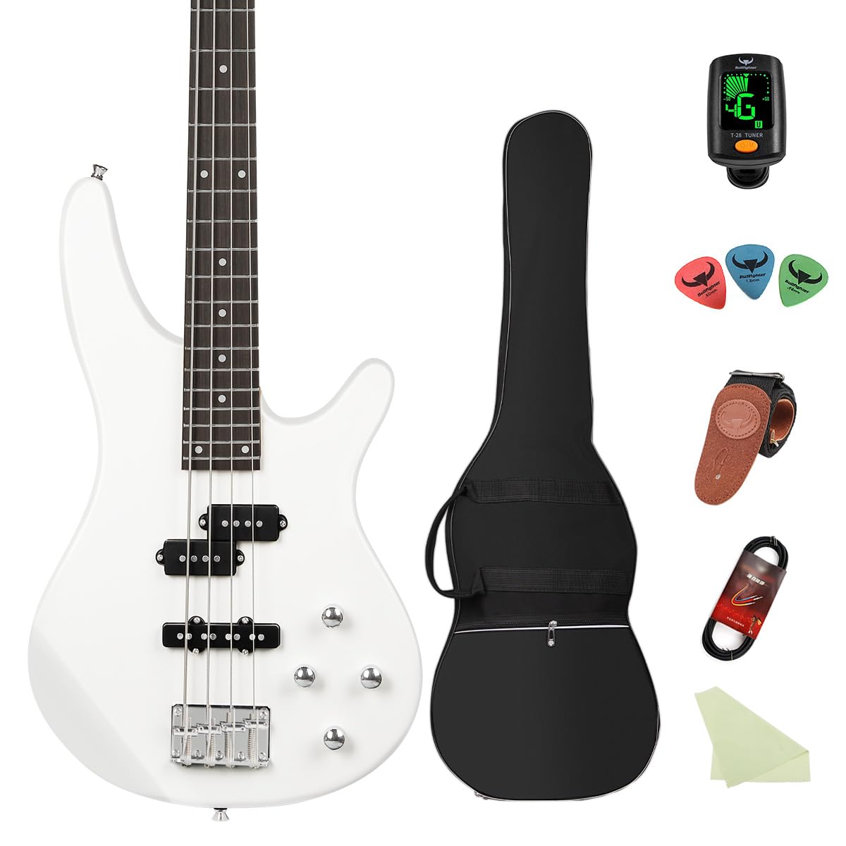 Elektryczna gitara basowa, 4 struny, pełny rozmiar, P bas, zestaw dla początkujących, czarny, z torbą na koncert, paskiem do gitary i kablem gitarowym (biała)