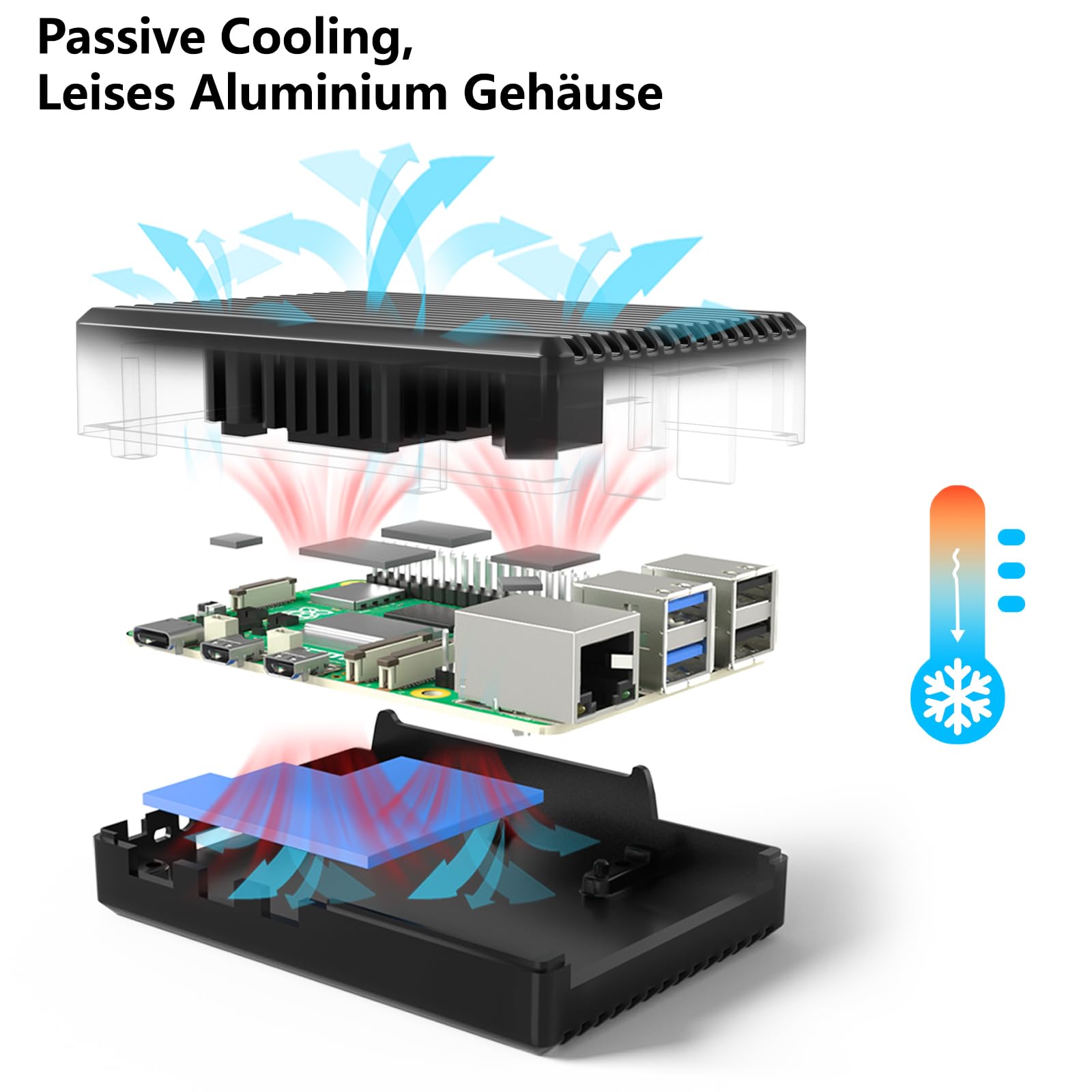 Miuzei Aluminiowa obudowa do Raspberry Pi 5, Heavy Duty z wkładami chłodzącymi do Raspberry Pi 5 16/8/4 GB, czarne paski, cicha praca
