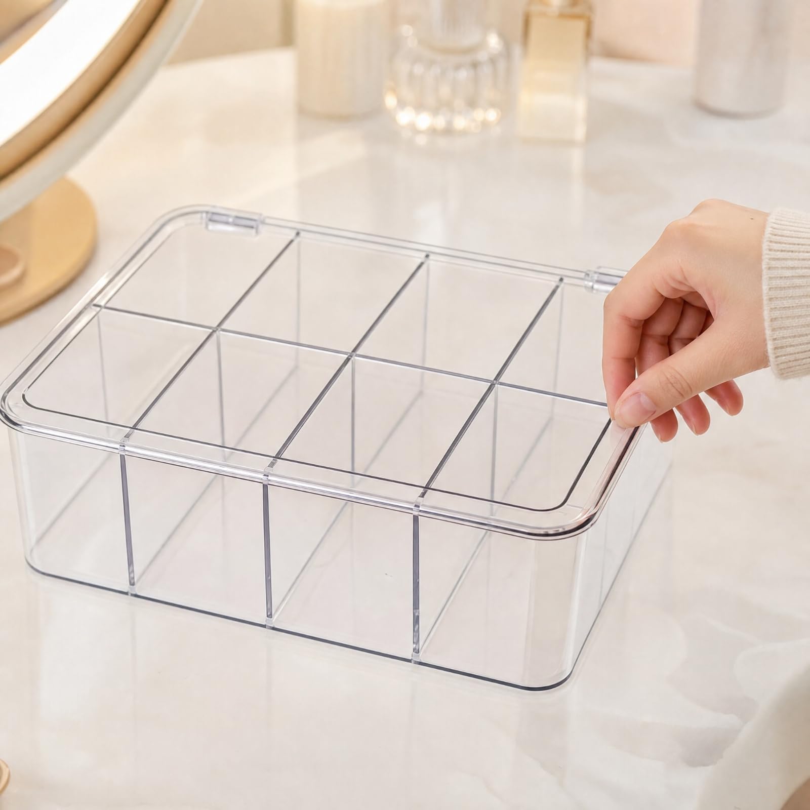 Milageto Caja PET con Tapa Ajustada Ligero Organizador con Divisores Extraíbles Compacto Caja Compartimentos Múltiples para Estanrías