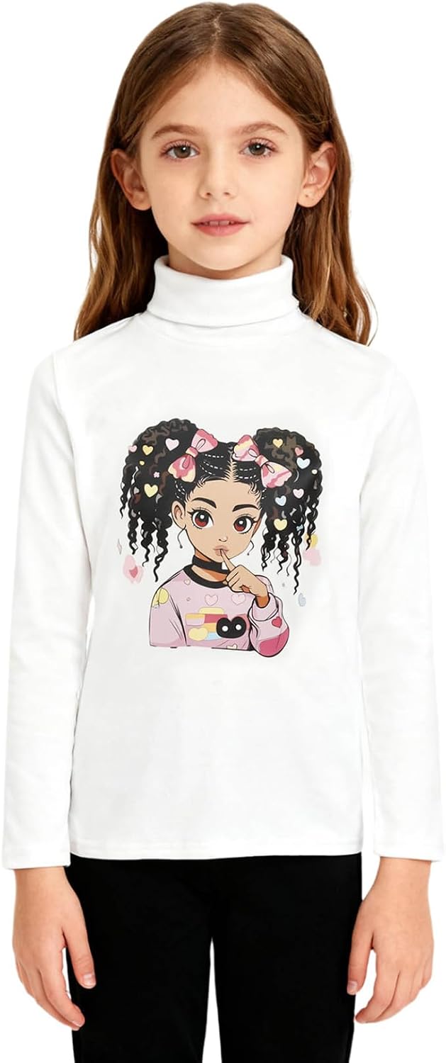 Girls Printed High Turtle Neck Thick Long Sleeve Fleece Thermal Top