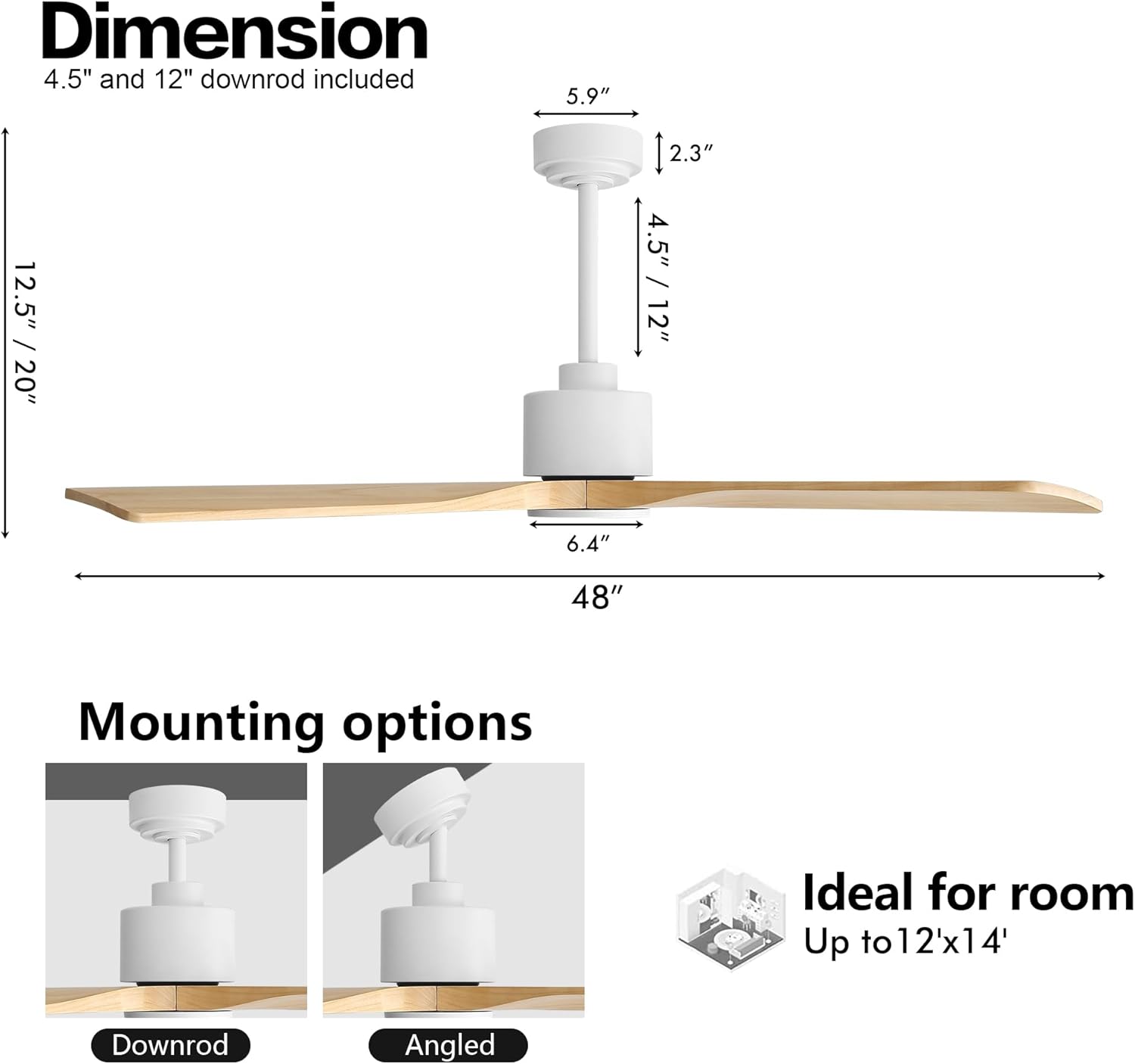 WINGBO 48" DC Ceiling Fan without Lights, 4 Carved Solid Wood Blades, 6-Speed Noiseless Reversible DC Motor, Modern Ceiling Fan No Light with Remote, White Finish with Oak Blades, ETL Listed