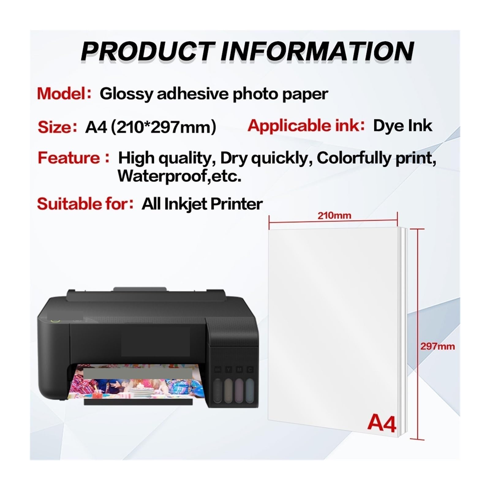 40 arkuszy błyszczący samoprzylepny papier fotograficzny A4 samoprzylepny papier do drukarek atramentowych do drukarek atramentowych wysoki połysk papier fotograficzny Lucky (Color : 40 Sheets