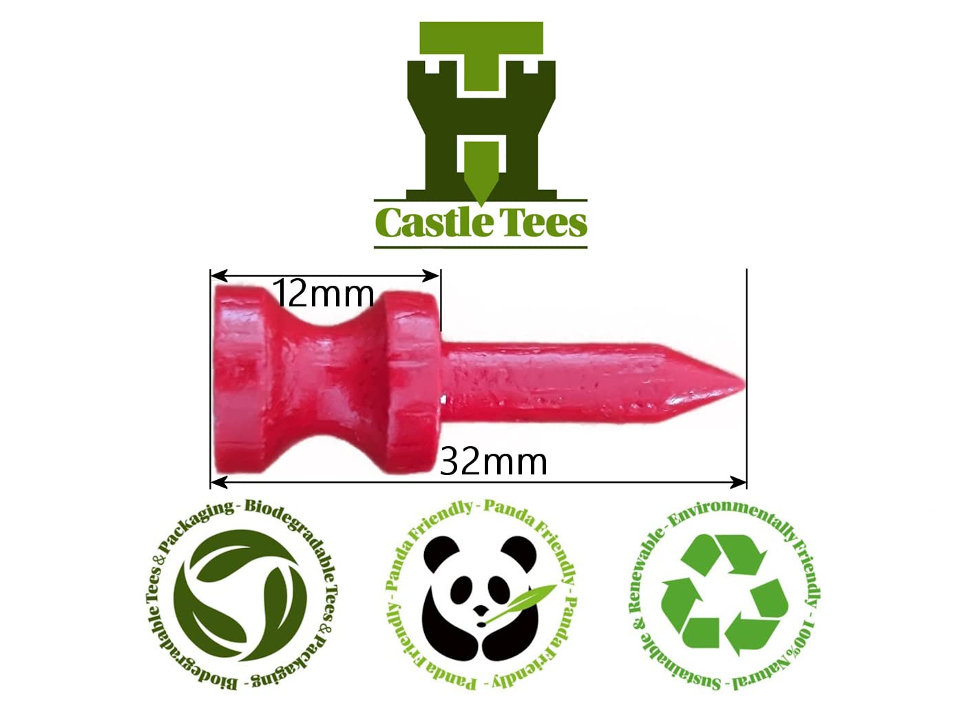 Castle Tees Official Red 80 Tee Pack x 32mm 1 ¼ inch Red Premium Bamboo Golf Tees + Free Pitch Repair Tool - Image 2