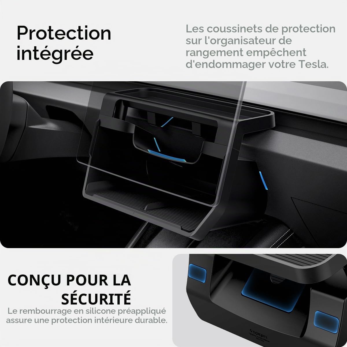 Spigen Tesla Model Y Juniper 2025 2026 Model 3 Highland 2024-26 Organisateur de Rangement sous l'Écran, Installation en un Tap, Conçu pour Accessoire Tesla - Noir