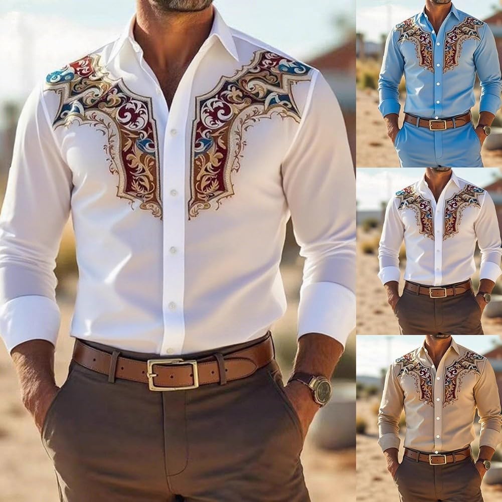 Camicia da uomo con motivo floreale retrò e colletto con risvolto e maniche lunghe elasticizzate, camicia casual adatta per l'uso quotidiano e per le feste