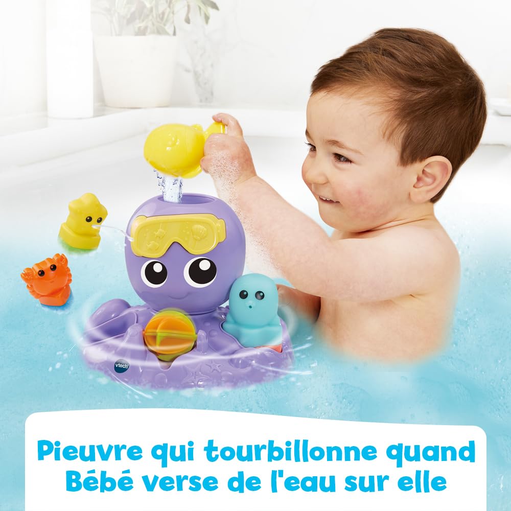 Jouet De Bain Pieuvre Avec Lumières Et Anneaux – Pulvérisation Automatique, Capteur Immergé, Dès 1 An, Bleu