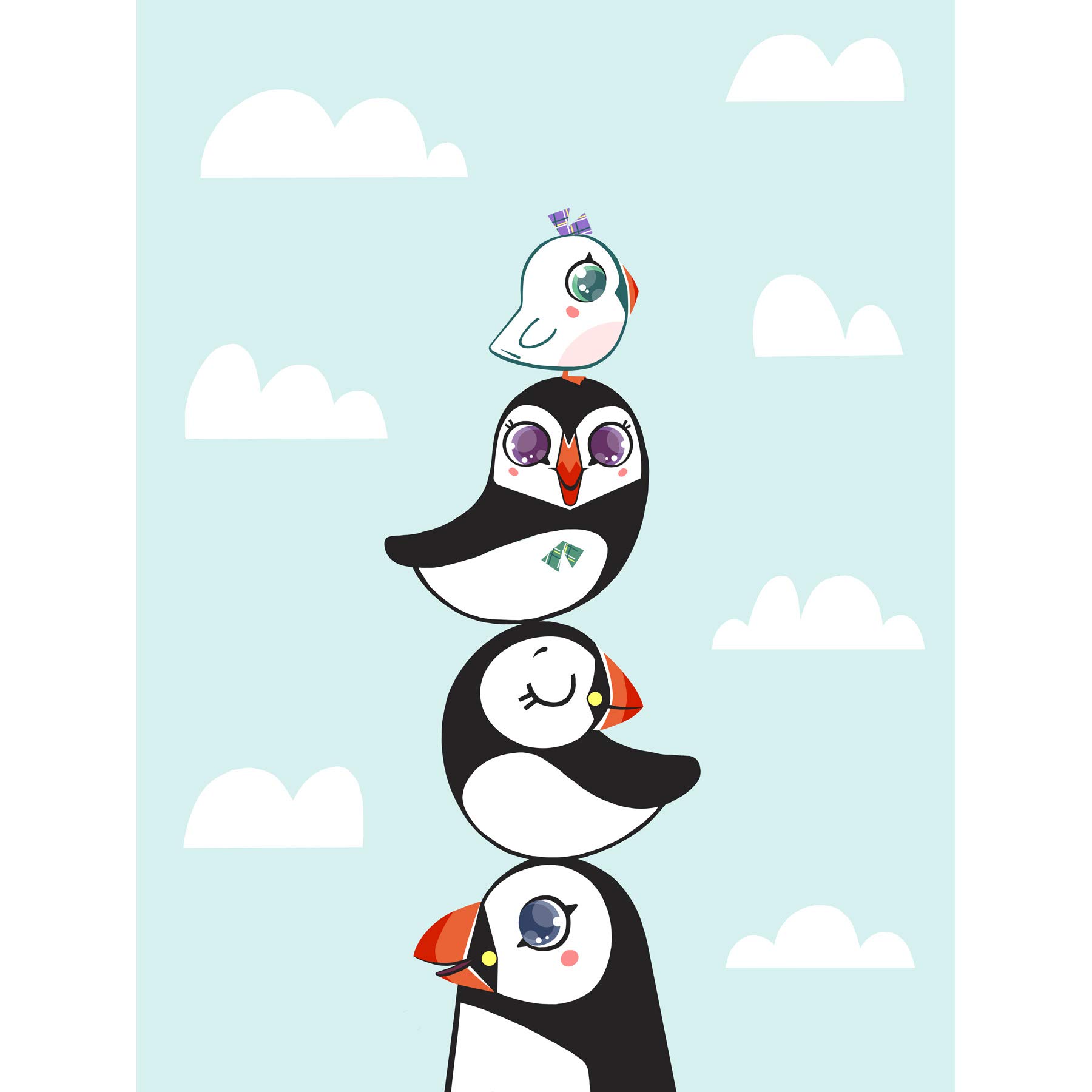 Wee Blue Coo Puffins Family Stacked Large Wall Art Print Canvas Premium Poster