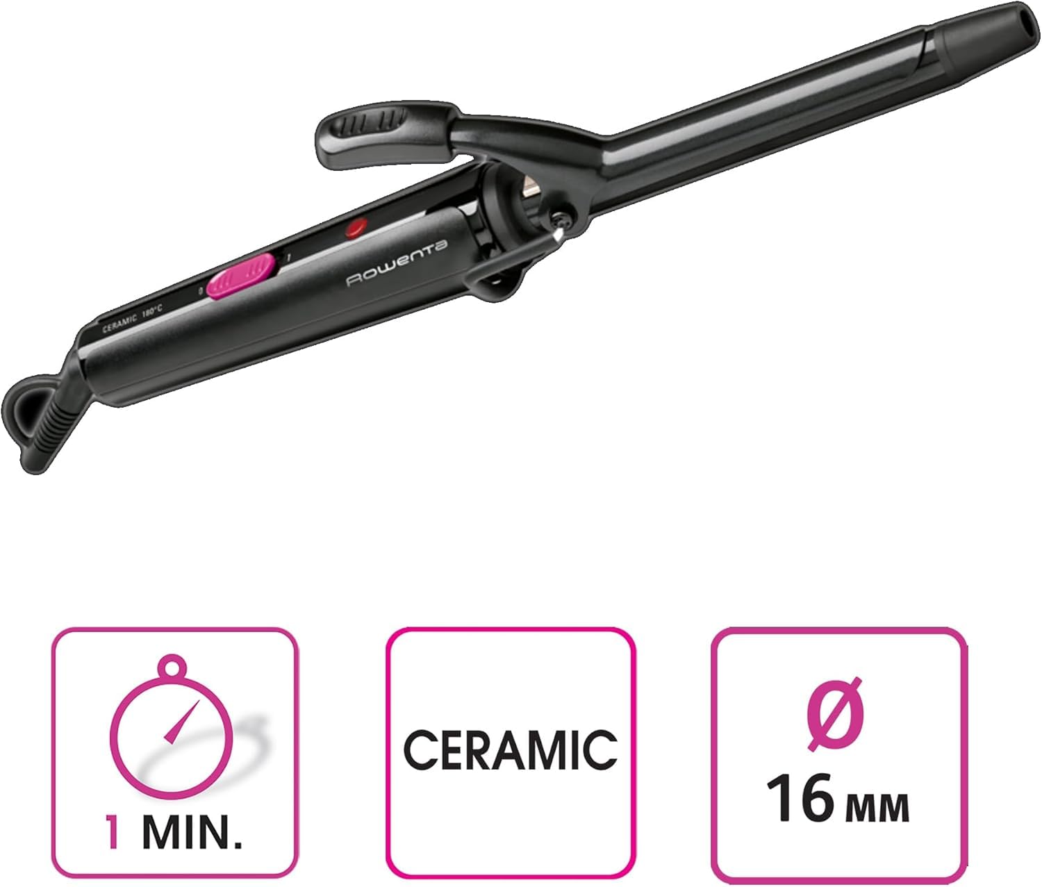 Rowenta Tenacilla rizadora de 16 mm para el pelo, 25 W, recubrimiento cerámico, temperatura 180 °C, indicador calentamiento, punta fría, rizos definidos, resultados rápidos, negro y fucsia, CF2133F0