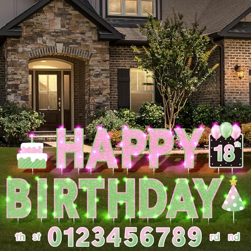 , 32.8 ft LED Lights, 42 Pcs Number Stickers, 13.4 Inch Letters Signs for Birthday Party Supplies Yard Lawn Outdoor Decoration (Pink and Green)
