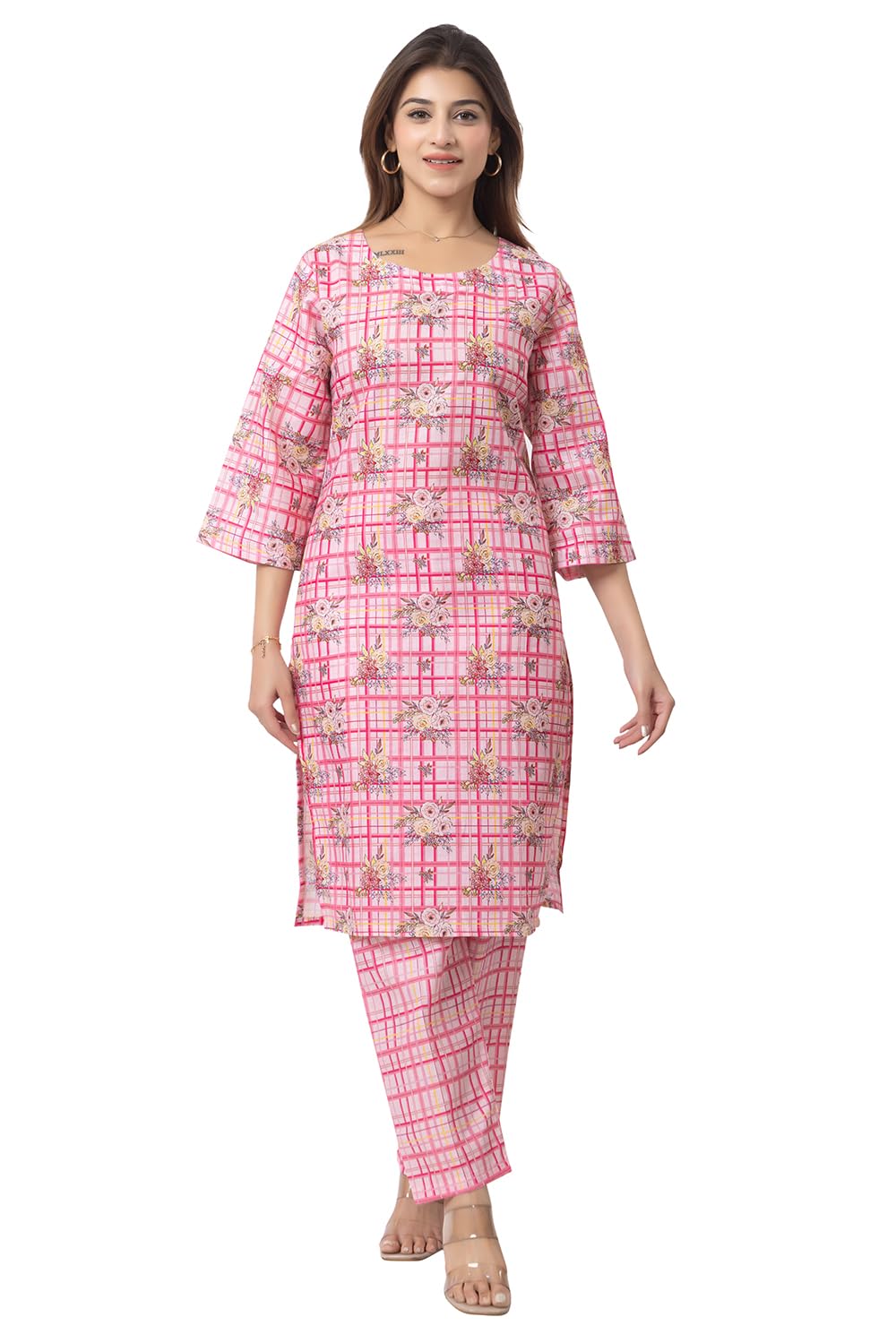 Women Pink Printed Kurta Pant Set | Soft Cambric Cotton Fabric | Floral Check Design Co-Ord Set | Straight Fit Ethnic Wear for Casual, Office & Daily Wear | Sizes-M-image-37
