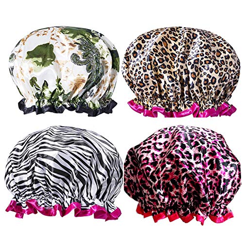 Shower Cap,4 Pack Bath Cap Designed for Women Double Layers Waterproof Shower Hat (B)