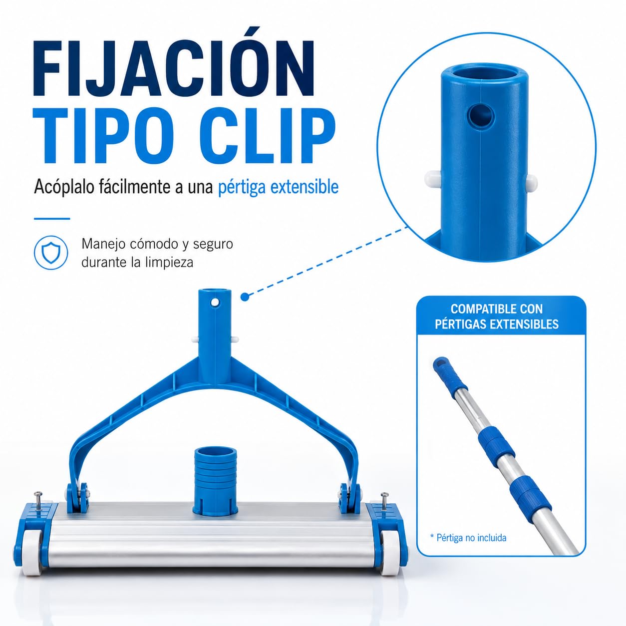Limpiafondos de aluminio para piscinas - Fijación Clip - Cepillos de nylon - 4 ruedas - 33 cm Dpool